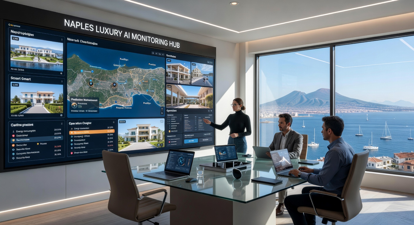 Ultra-realistic 8K image of a property management company in Naples using AI to monitor multiple luxury real estate properties through integrated smart systems