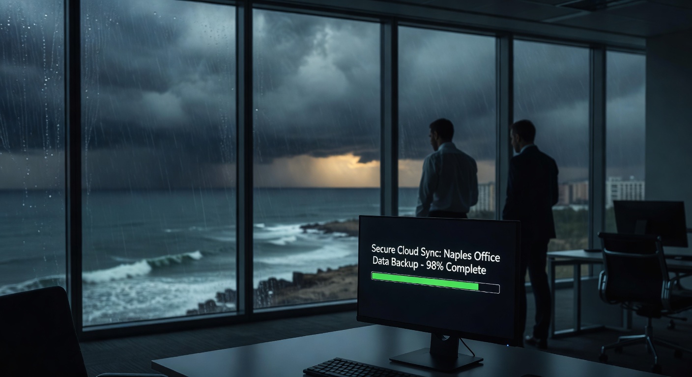 Disaster recovery process showing data being automatically backed up from Naples office to secure cloud during storm, dramatic yet hopeful atmosphere
