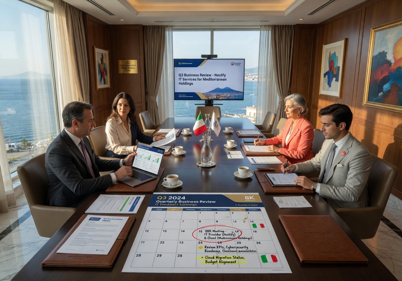 Calendar showing quarterly business review meeting between IT provider and client in upscale Naples boardroom, professional setting, natural light, 8K