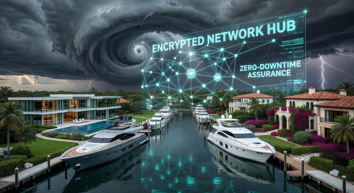 Naples Florida marina and luxury homes with digital overlay showing protected business data networks during hurricane warning, conceptual 8K image