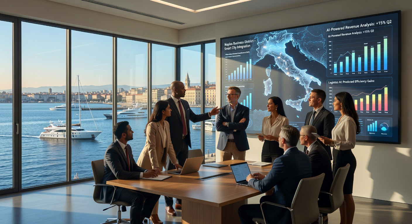 Professional 8K photograph of diverse Naples business team reviewing AI-generated business intelligence reports on a large conference screen with waterfront view