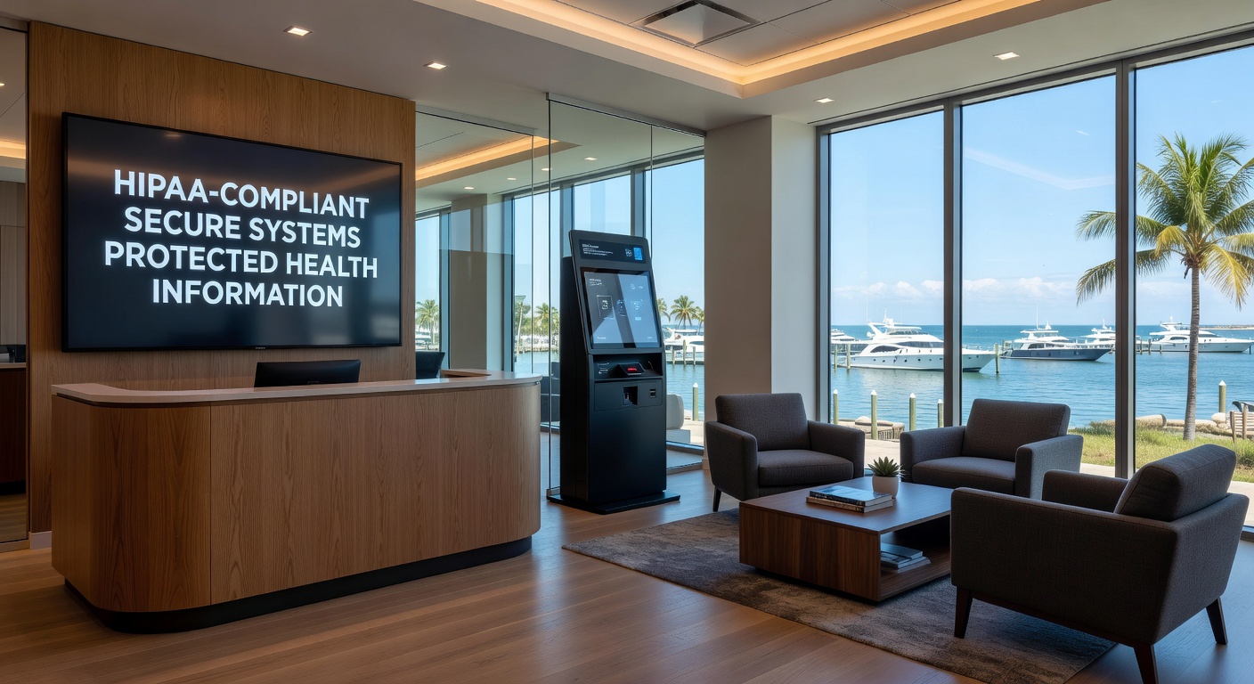 HIPAA compliant healthcare office in Naples with secure technology systems, modern medical equipment integrated with protected digital displays
