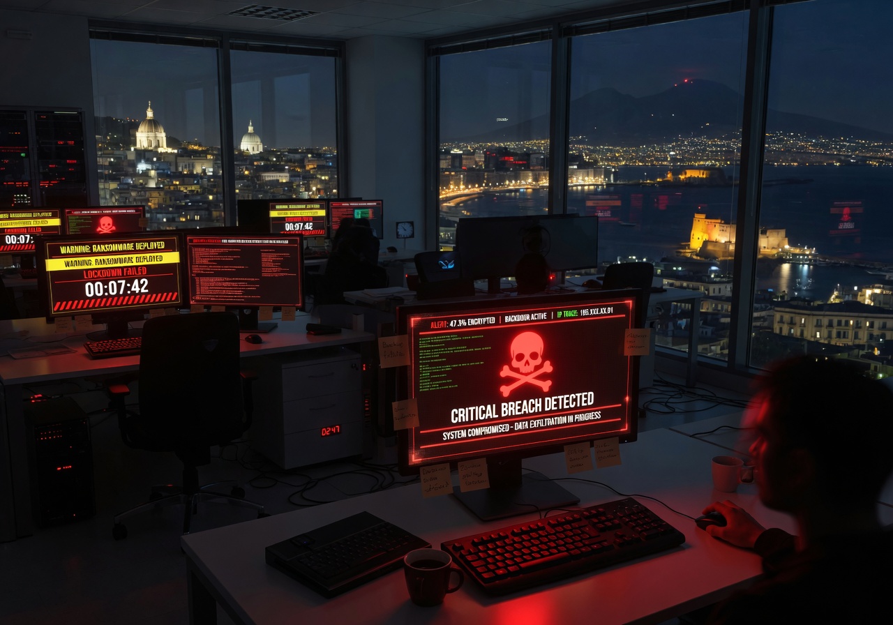 Cyber attack concept showing red warning alerts on computer screens in dark office with Naples skyline visible at night, dramatic tension, ultra-realistic