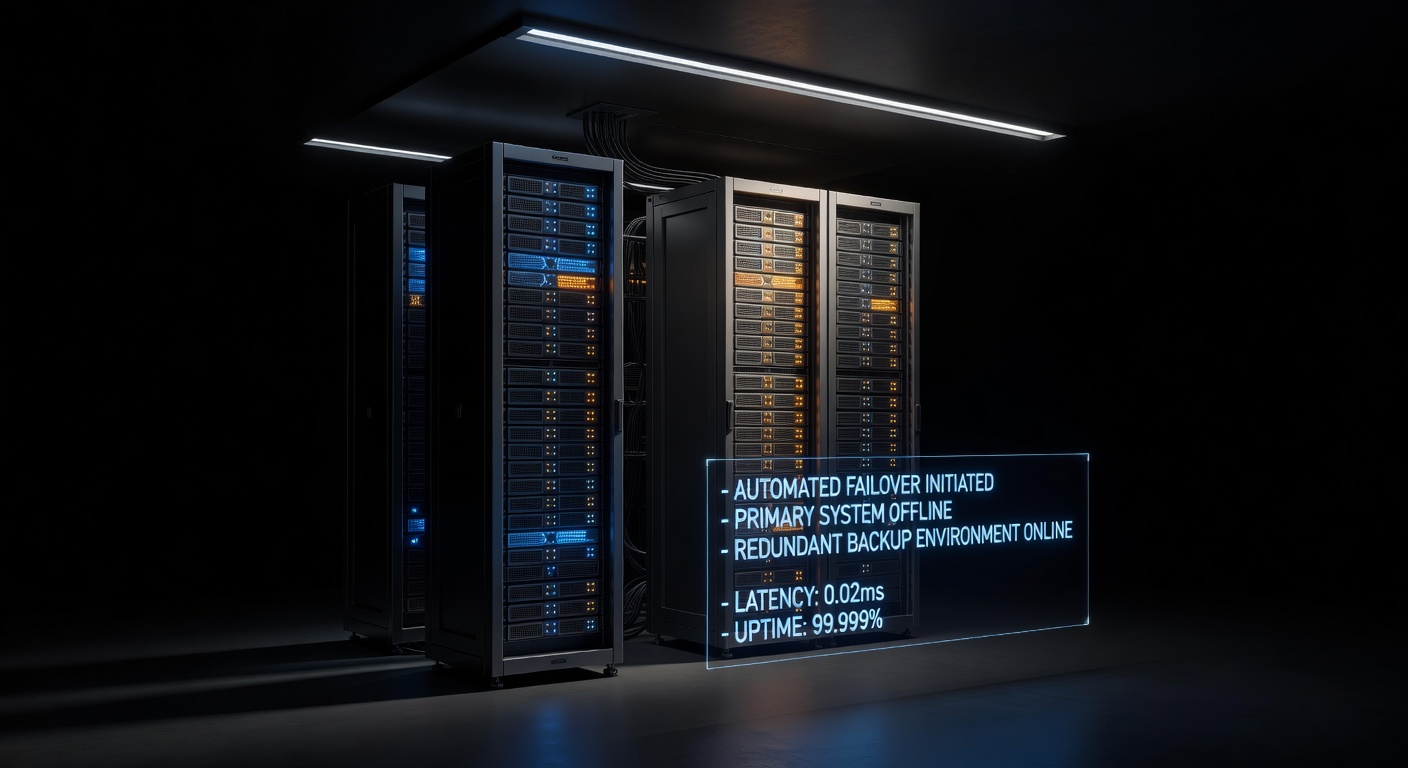 Automated failover system activating during power outage, servers switching from primary to backup environment seamlessly, technical visualization 8K
