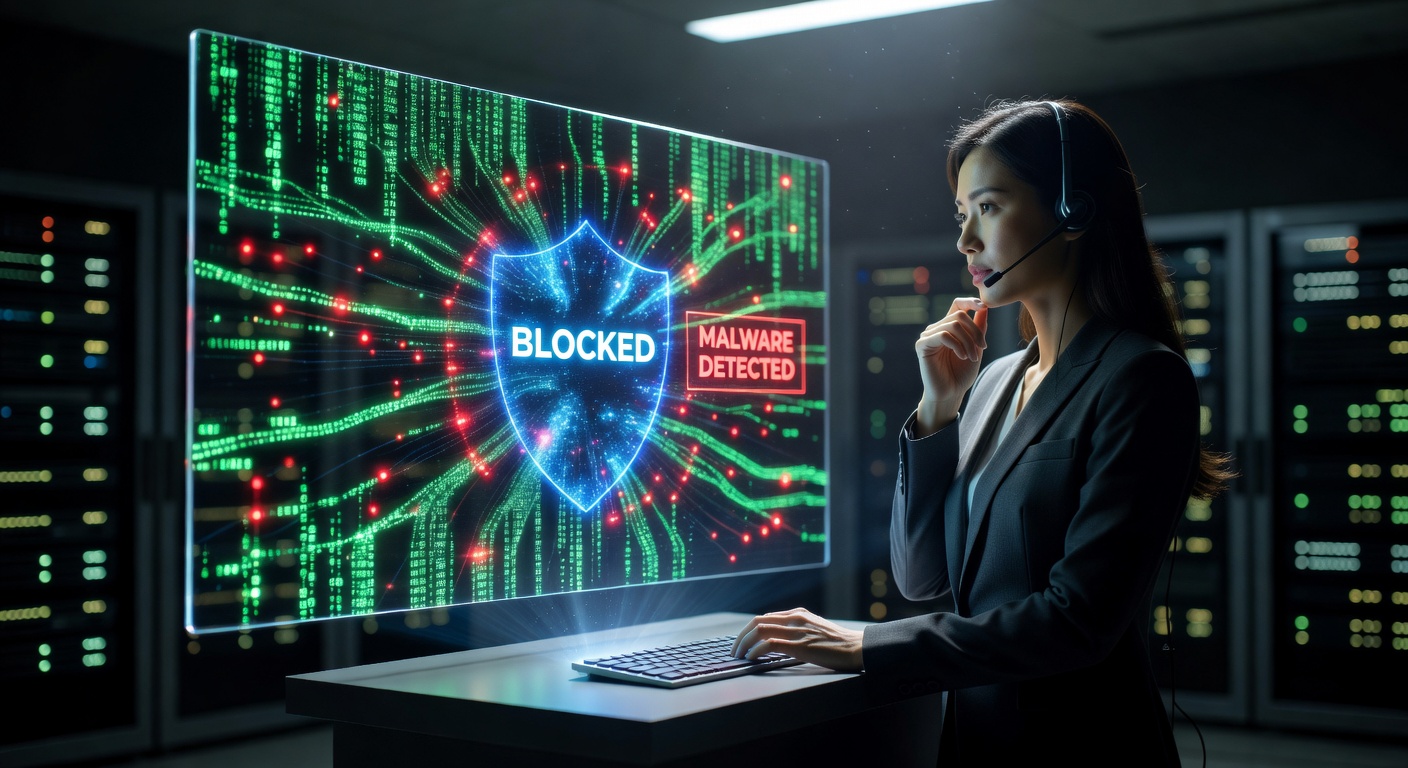 Ultra-realistic 8K image showing AI threat detection stopping a cyber attack in real-time, with dramatic digital visualization of blocked malware and security reinforcement