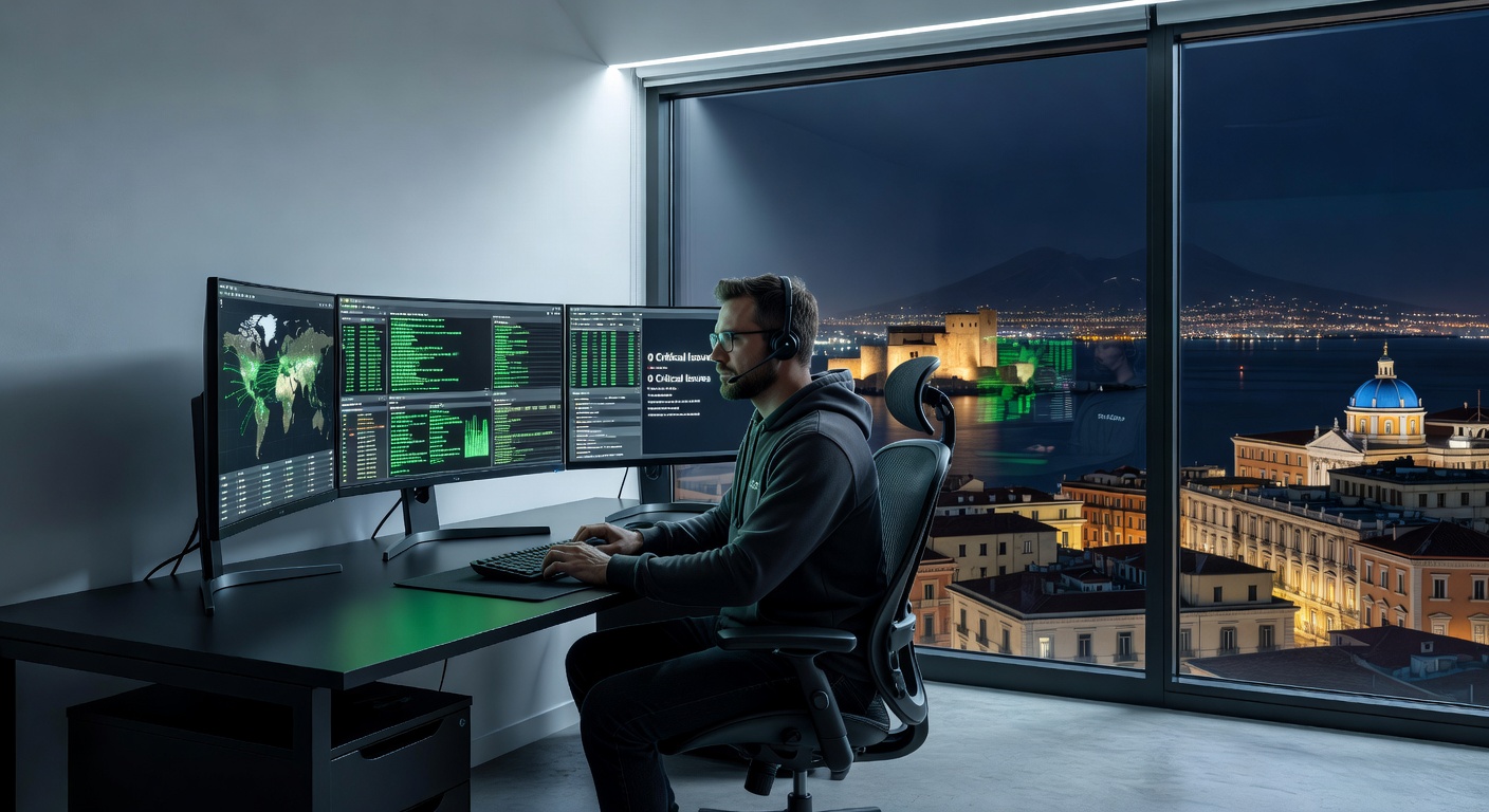 24/7 monitoring concept with IT technician working night shift in comfortable ergonomic office, multiple screens displaying green status indicators, Naples skyline at night visible through window