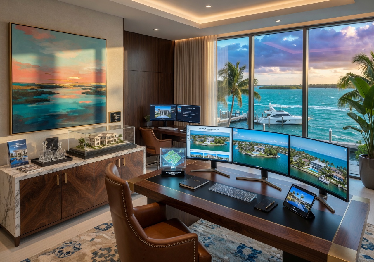 Luxury real estate office in Naples Florida with high-end technology setup, beautiful interior design, waterfront view through large windows, 8K photorealistic