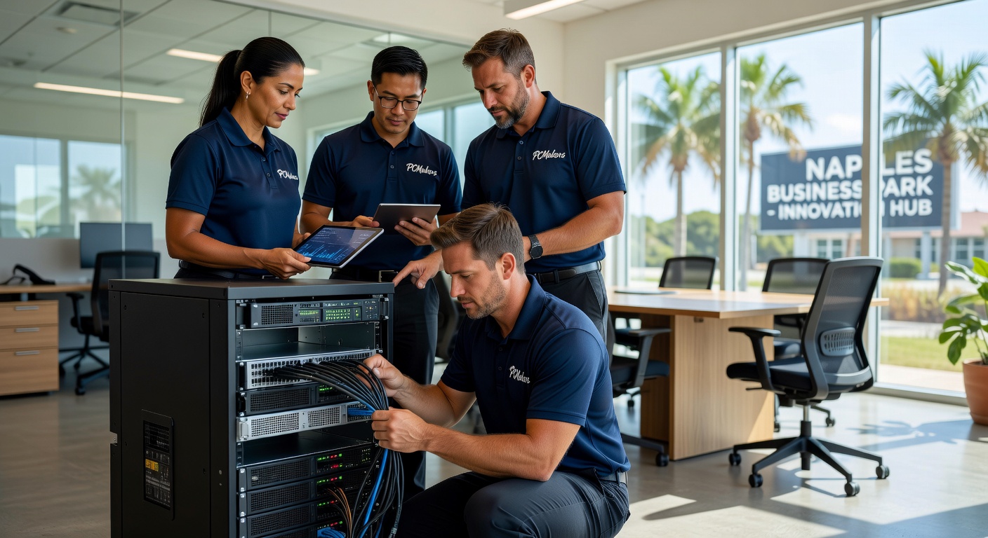 Team of IT professionals from PCMakers installing hybrid backup solution in Naples business office, collaborative professional environment, realistic 8K