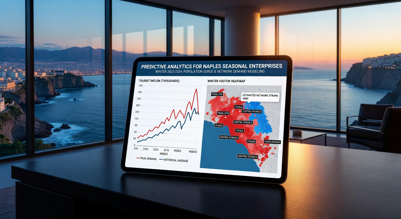 Detailed 8K visualization of predictive analytics dashboard specifically designed for seasonal Naples businesses, showing winter population impact on network demand