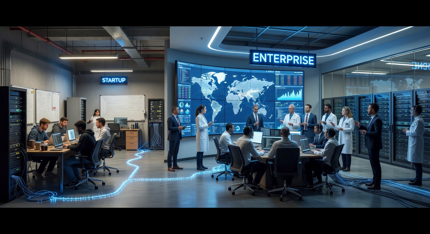 Scalable technology growth visualization showing small startup office transforming into large enterprise through managed IT services, time-lapse effect, bright modern office