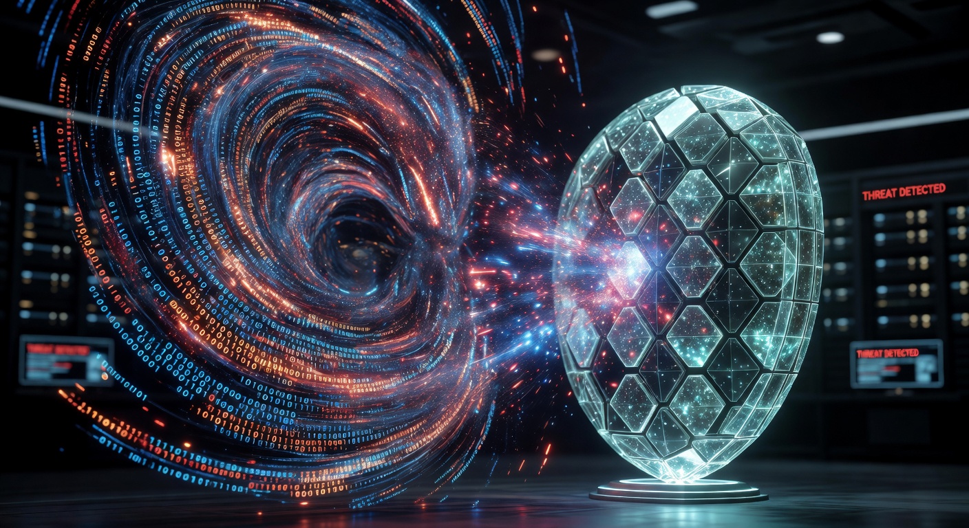 Massive digital hurricane made of binary code and data being blocked by advanced cybersecurity shield, conceptual art representing data protection, dramatic 8K