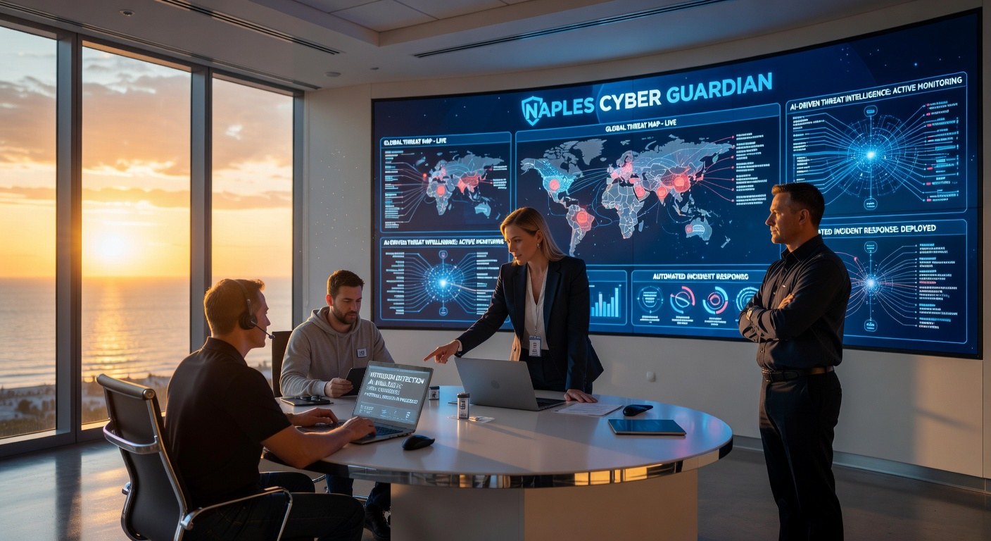 Ultra-realistic 8K image of a managed IT service command center in Naples, Florida with multiple AI monitoring screens, technicians collaborating, and sophisticated technology throughout