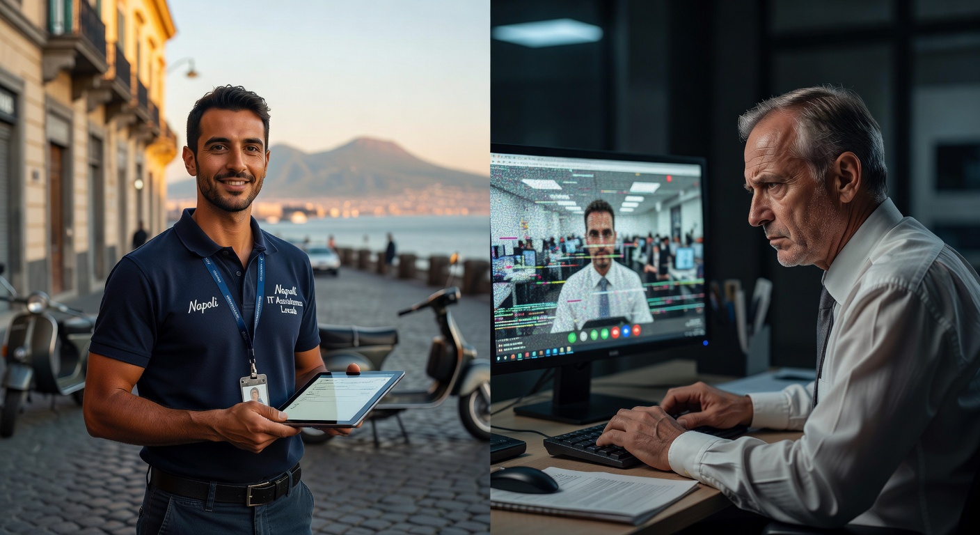 Local versus offshore IT support comparison, split image showing responsive local technician in Naples versus frustrated business owner on poor quality video call, realistic style