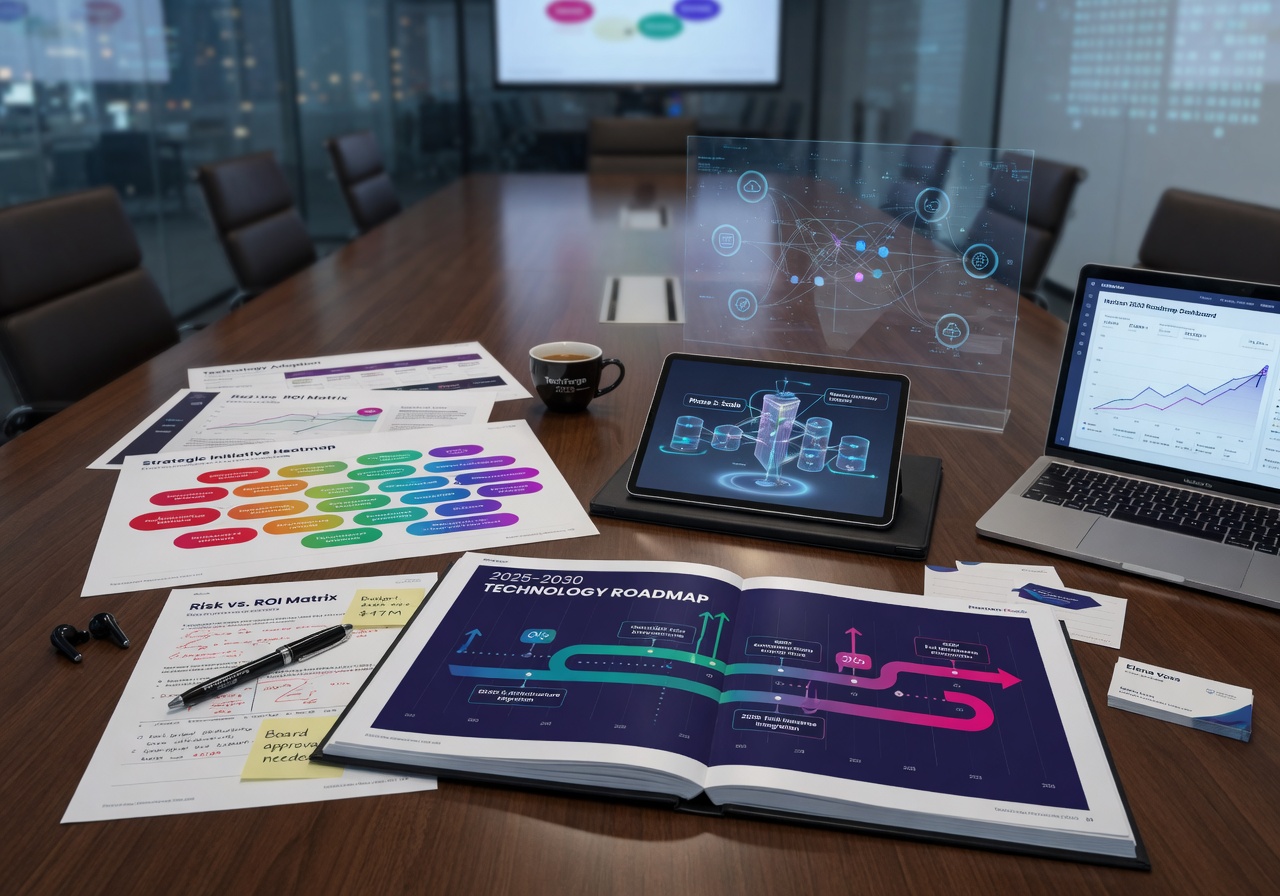Technology roadmap concept with strategic planning documents, charts, and futuristic digital elements on conference table, professional business style, 8K