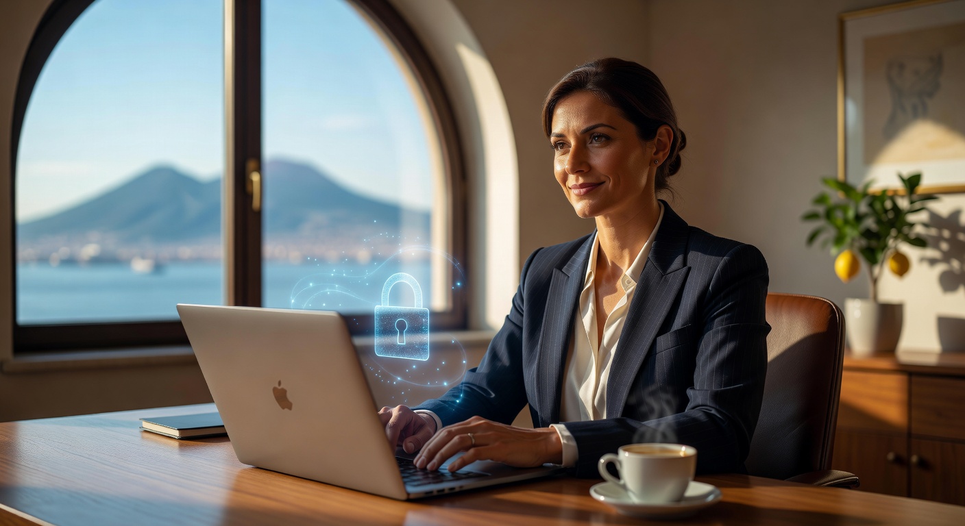 Peaceful Naples business owner working at laptop knowing their data is fully protected, relaxed confident expression with subtle digital security elements, warm lighting 8K
