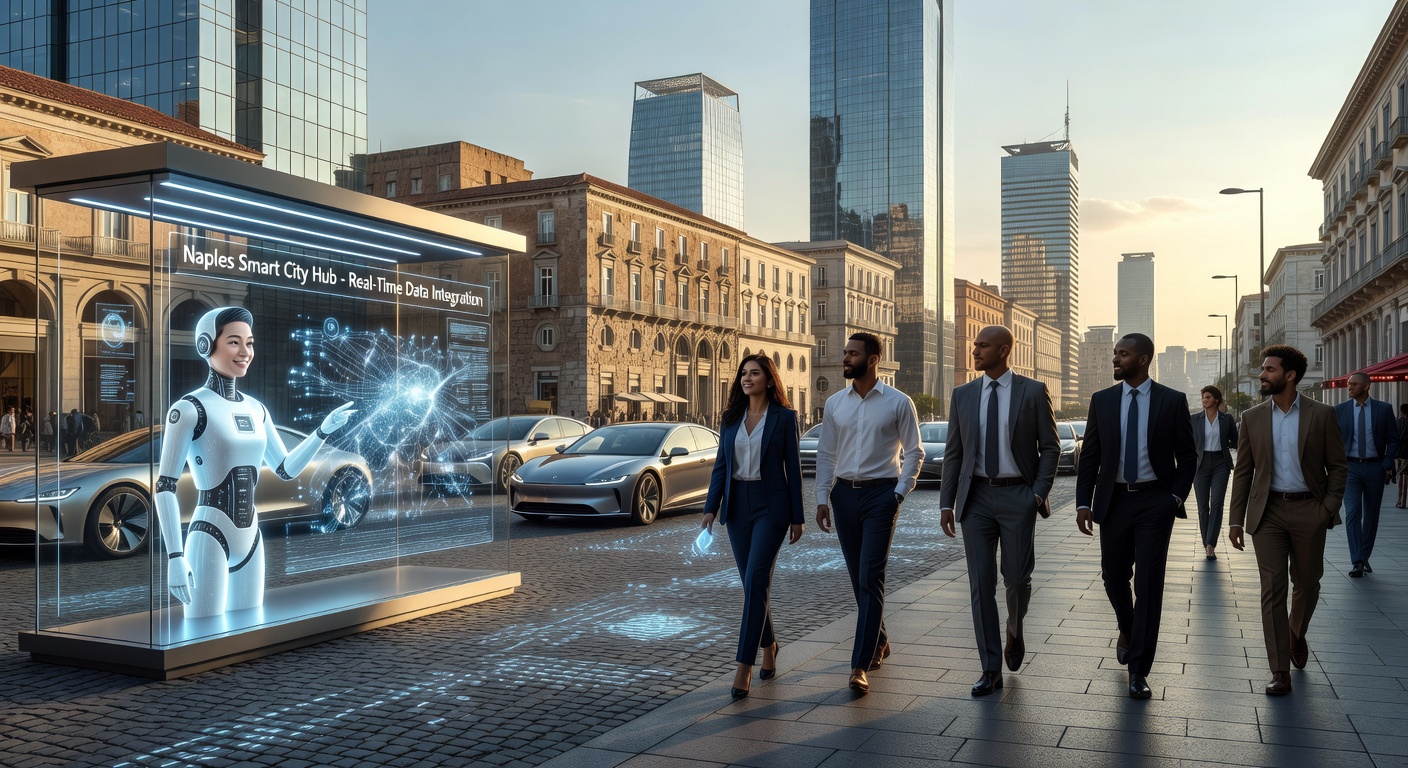 Inspiring ultra-realistic 8K closing image showing futuristic Naples business district with integrated AI elements, digital transformation, and bright successful atmosphere representing technological advancement