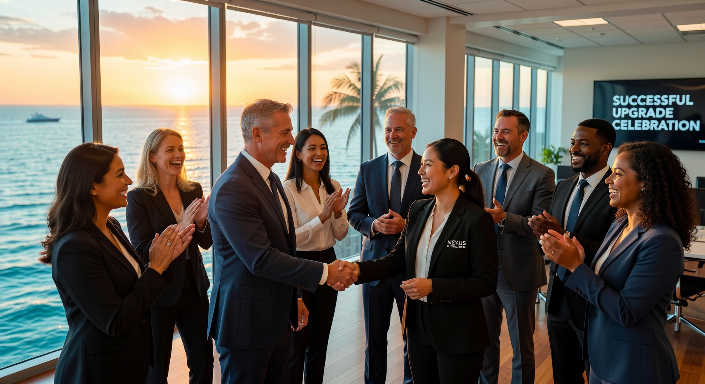 Successful Naples business team celebrating with their managed IT provider after successful system upgrade, modern office with waterfront view, genuine happiness and professional setting