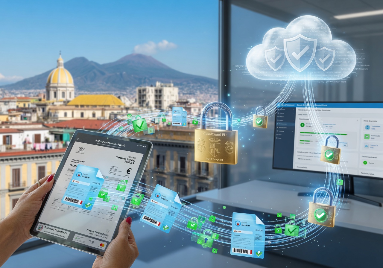 Secure cloud computing concept showing data flowing safely from Naples businesses to protected cloud with digital lock symbols, bright clean aesthetic, ultra-detailed 8K