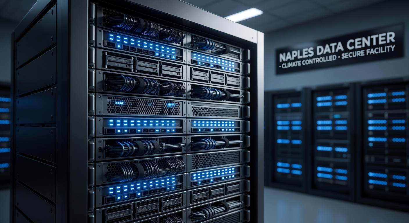 Professional close-up of modern enterprise backup server hardware with glowing blue LED lights in climate-controlled data center in Naples FL, ultra-detailed, photorealistic 8K