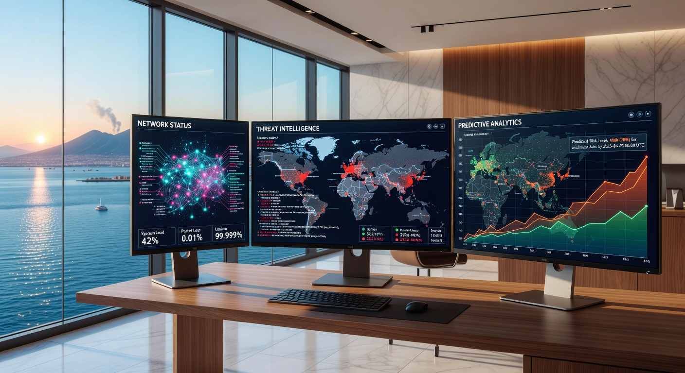 Close-up ultra-realistic 8K photograph of a sophisticated AI cybersecurity dashboard on multiple monitors in a modern Naples office, displaying threat intelligence, network status, and predictive analytics graphs