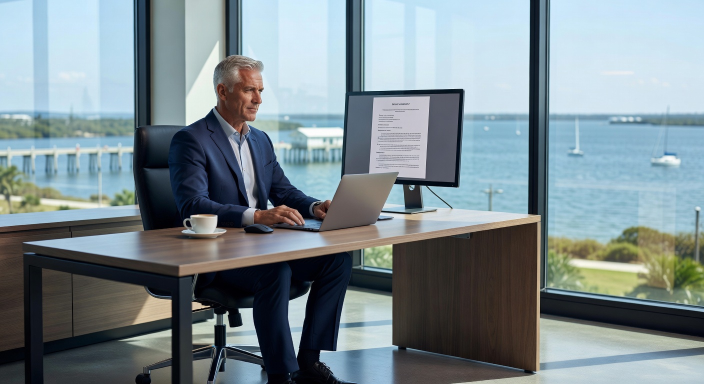 Professional Naples business owner in modern office reviewing IT service contract on large monitor, serious expression, waterfront view through window, natural lighting, corporate photography style