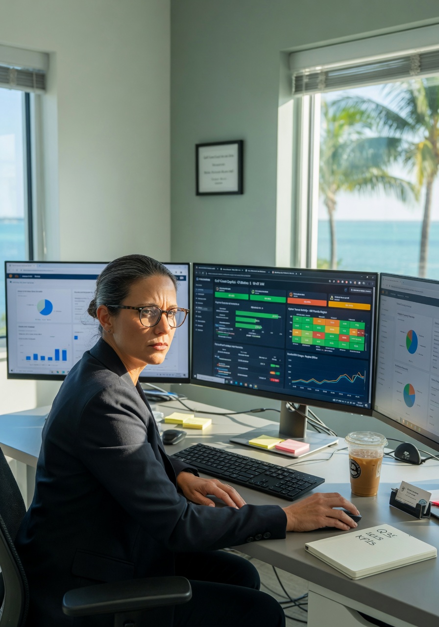 Professional business owner in Naples FL modern office reviewing IT dashboard on multiple monitors, natural window light, focused expression, ultra-realistic 8K