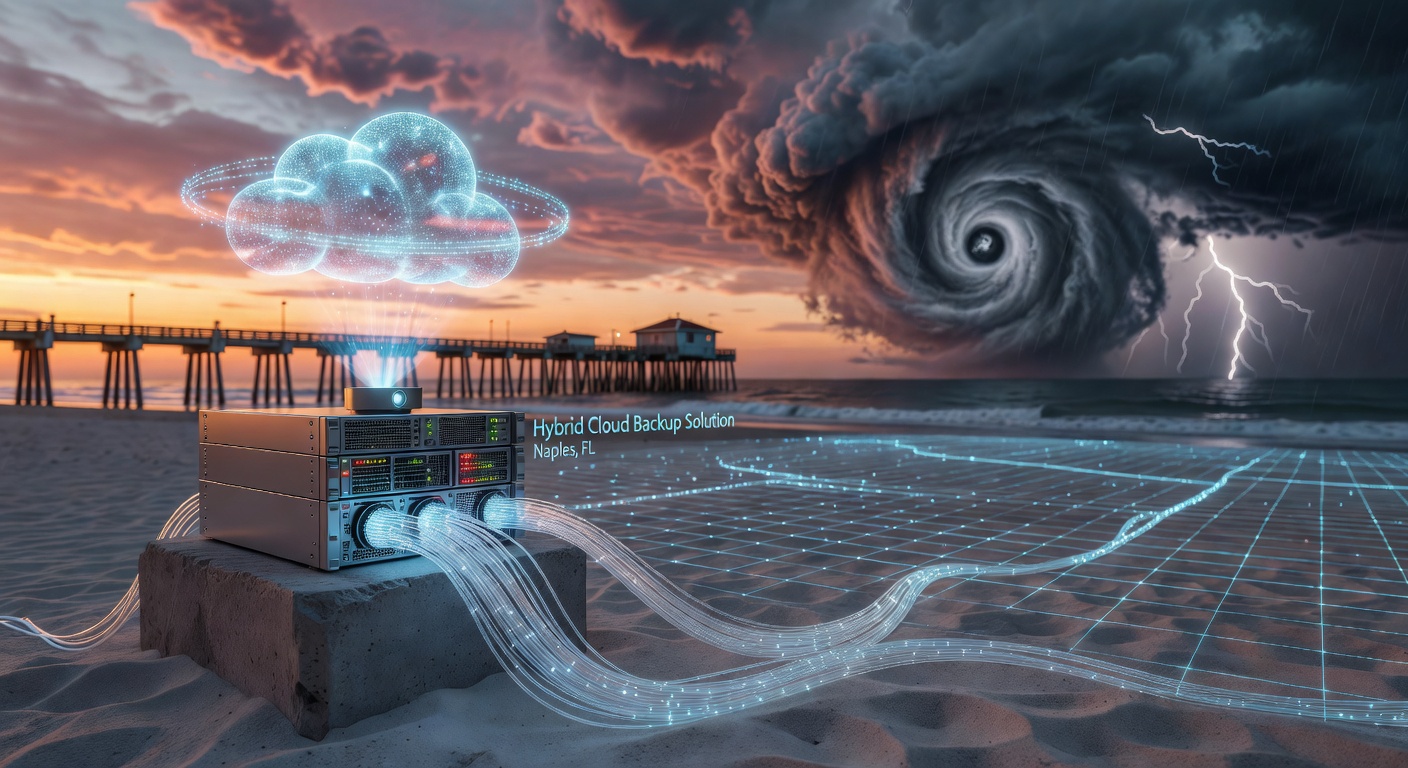 Hybrid cloud backup concept showing local server connected to secure cloud with hurricane in background, digital network visualization, Naples Florida setting, dramatic 8K cinematic