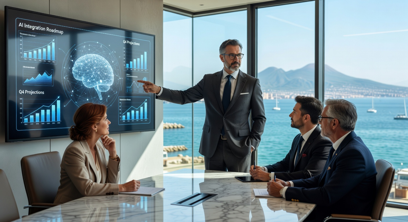 Ultra-realistic 8K image of a professional IT consultant in business attire discussing AI strategies with Naples business owners in a bright waterfront conference room with visible digital overlays