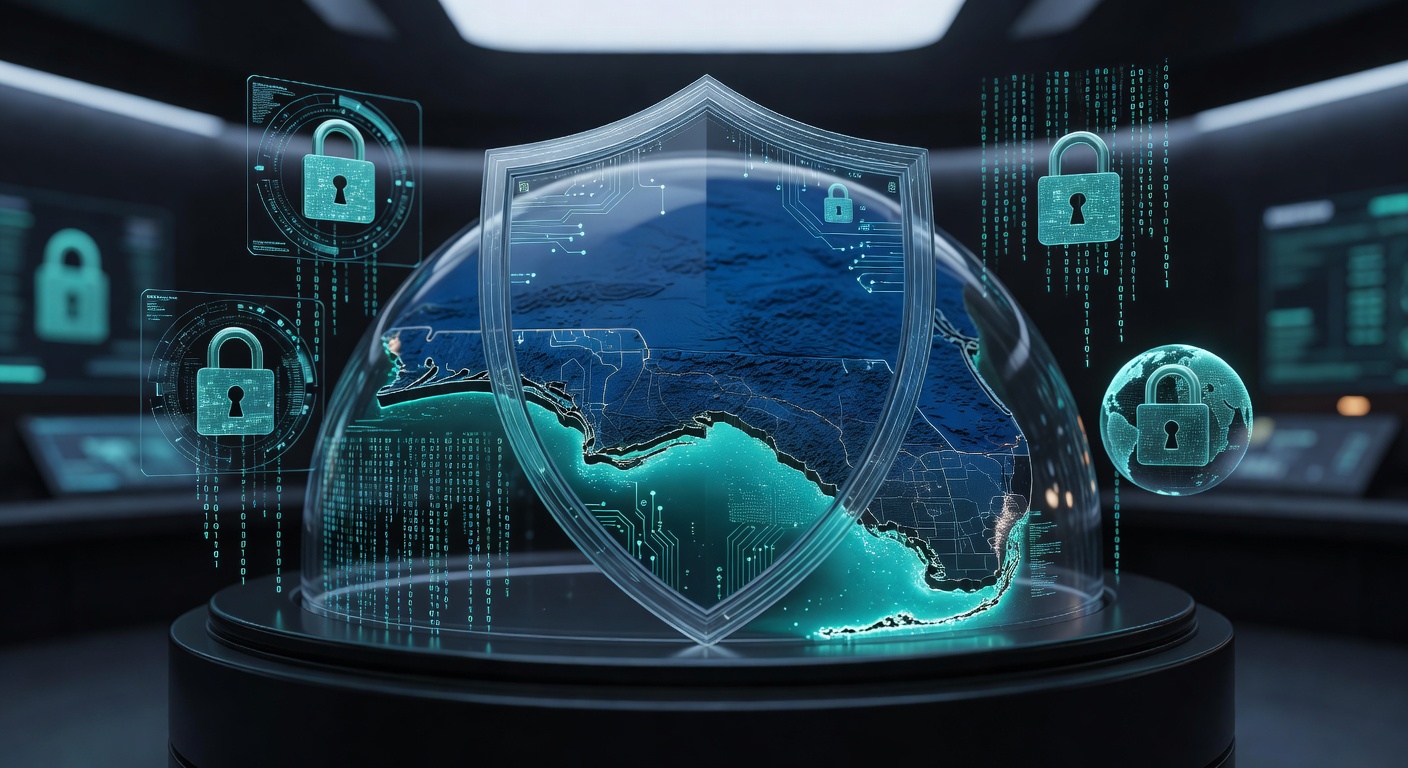 Cybersecurity concept showing shield protecting Naples Florida map with digital lock icons, dark blue and teal color scheme, futuristic holographic elements, ultra-detailed 8K