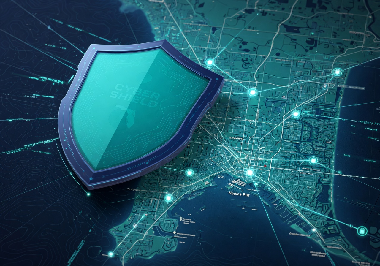 Cybersecurity concept showing shield protecting Naples Florida map with glowing network connections, dark blue and teal color scheme, ultra-detailed 8K