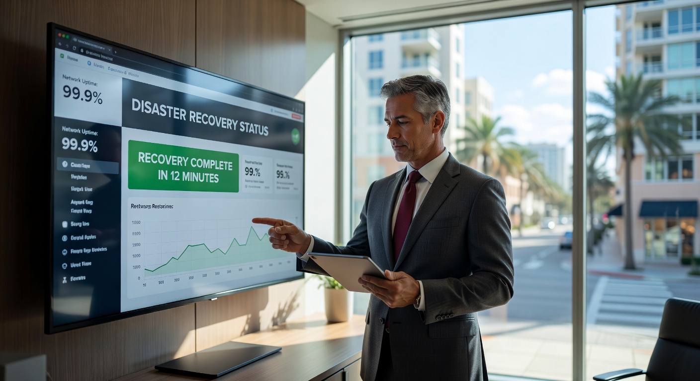 Southwest Florida business owner reviewing disaster recovery dashboard on large monitor showing 12 minute recovery time, professional office environment in Naples, photorealistic 8K
