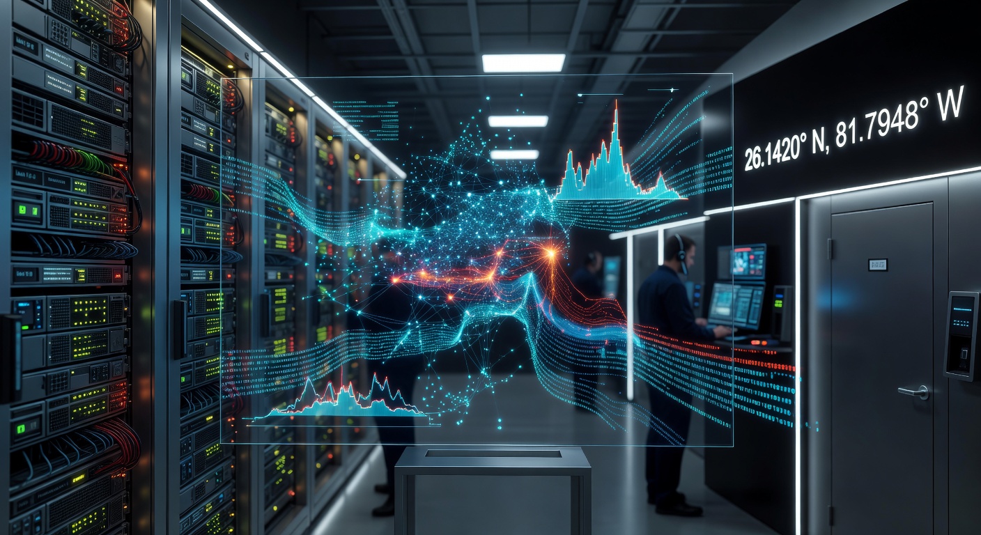 Detailed 8K visualization of AI analyzing network traffic patterns, showing glowing neural networks detecting anomalies in a secure data center environment with Naples, Florida coordinates displayed
