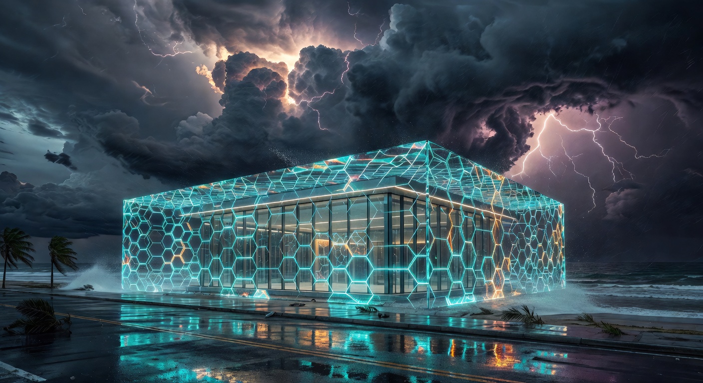 Hurricane approaching Naples Florida coastline with modern data center in foreground protected by digital security barriers, dramatic storm clouds, cinematic lighting, photorealistic