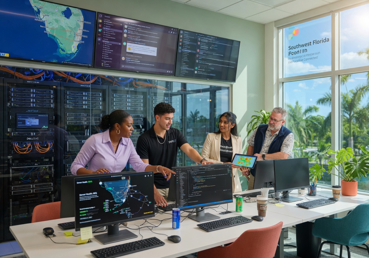 Southwest Florida IT team working together in modern office with servers and multiple screens, diverse professionals, bright natural lighting, 8K photorealistic