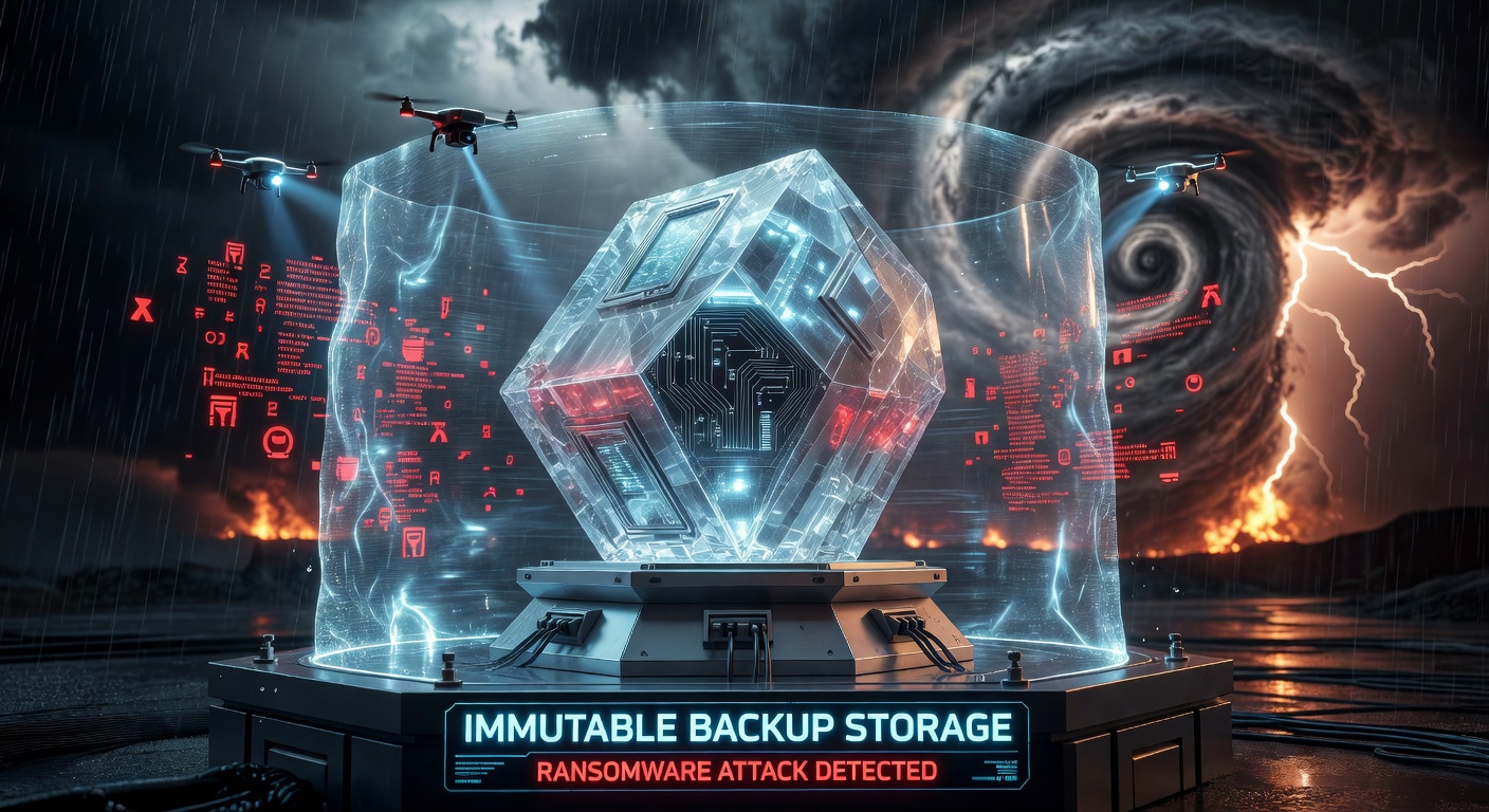 Immutable backup storage concept with unbreakable digital vault protecting data from ransomware and hurricane damage, futuristic security visualization, ultra-realistic 8K