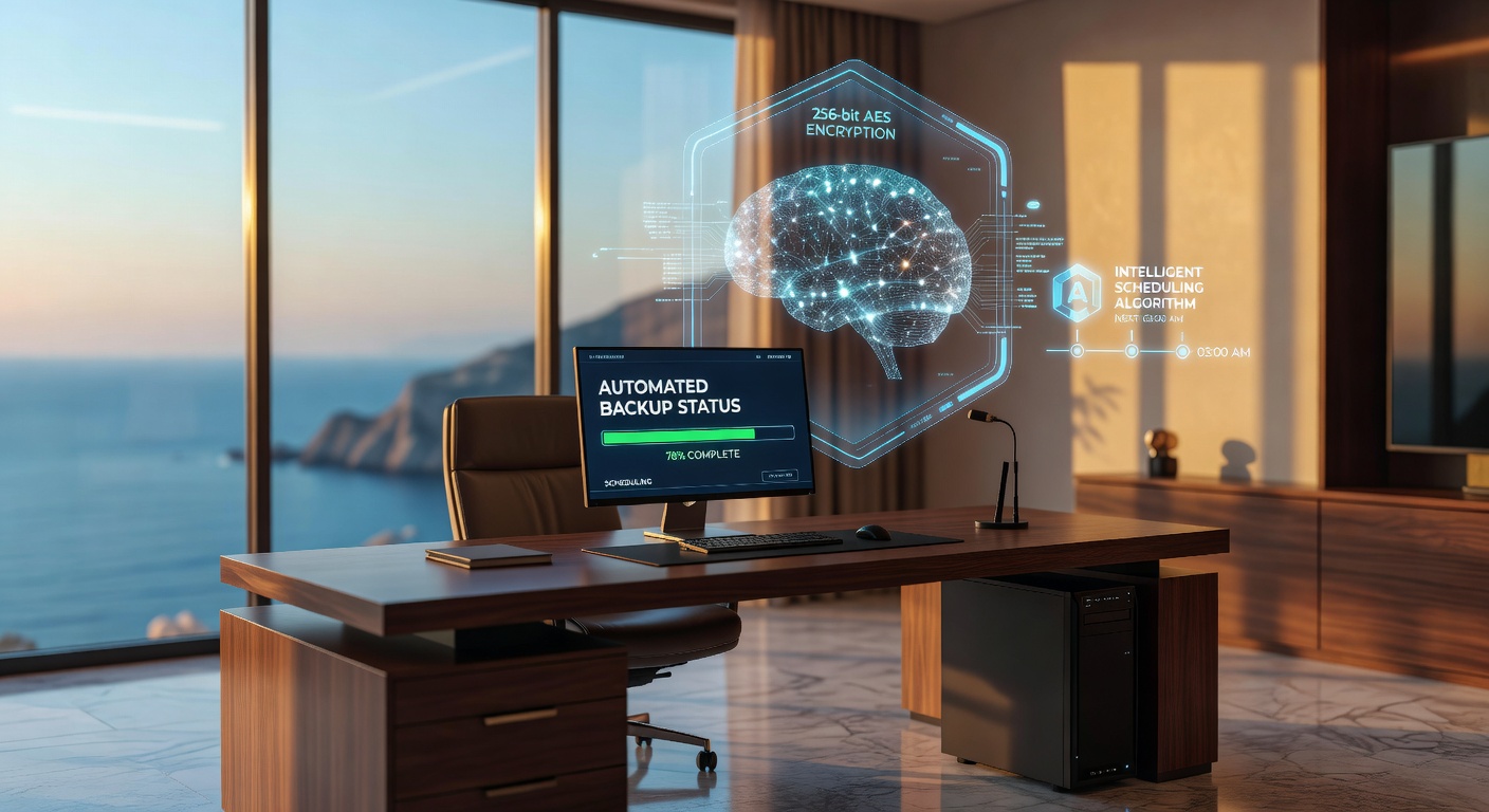 Ultra-realistic 8K image of automated data backup system with AI elements, showing secure cloud storage icons, encryption shields, and intelligent scheduling algorithms in a Naples luxury home office setting