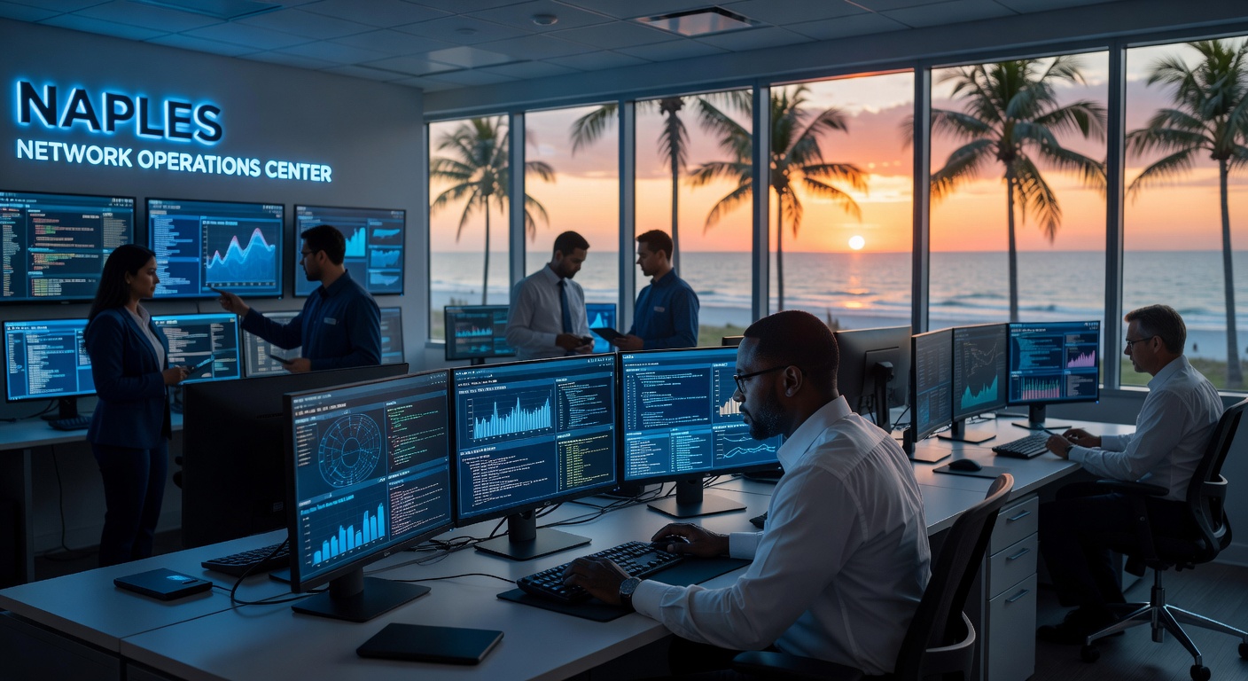 Diverse team of IT professionals monitoring multiple screens in a Naples-based Network Operations Center, professional environment with Florida elements in background