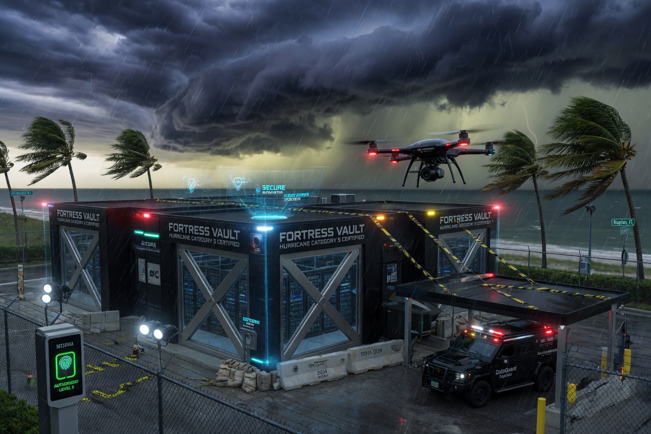 Hurricane preparedness concept with secure data center protected from storm, dark dramatic clouds over Naples FL, high-tech security elements, ultra-realistic 8K