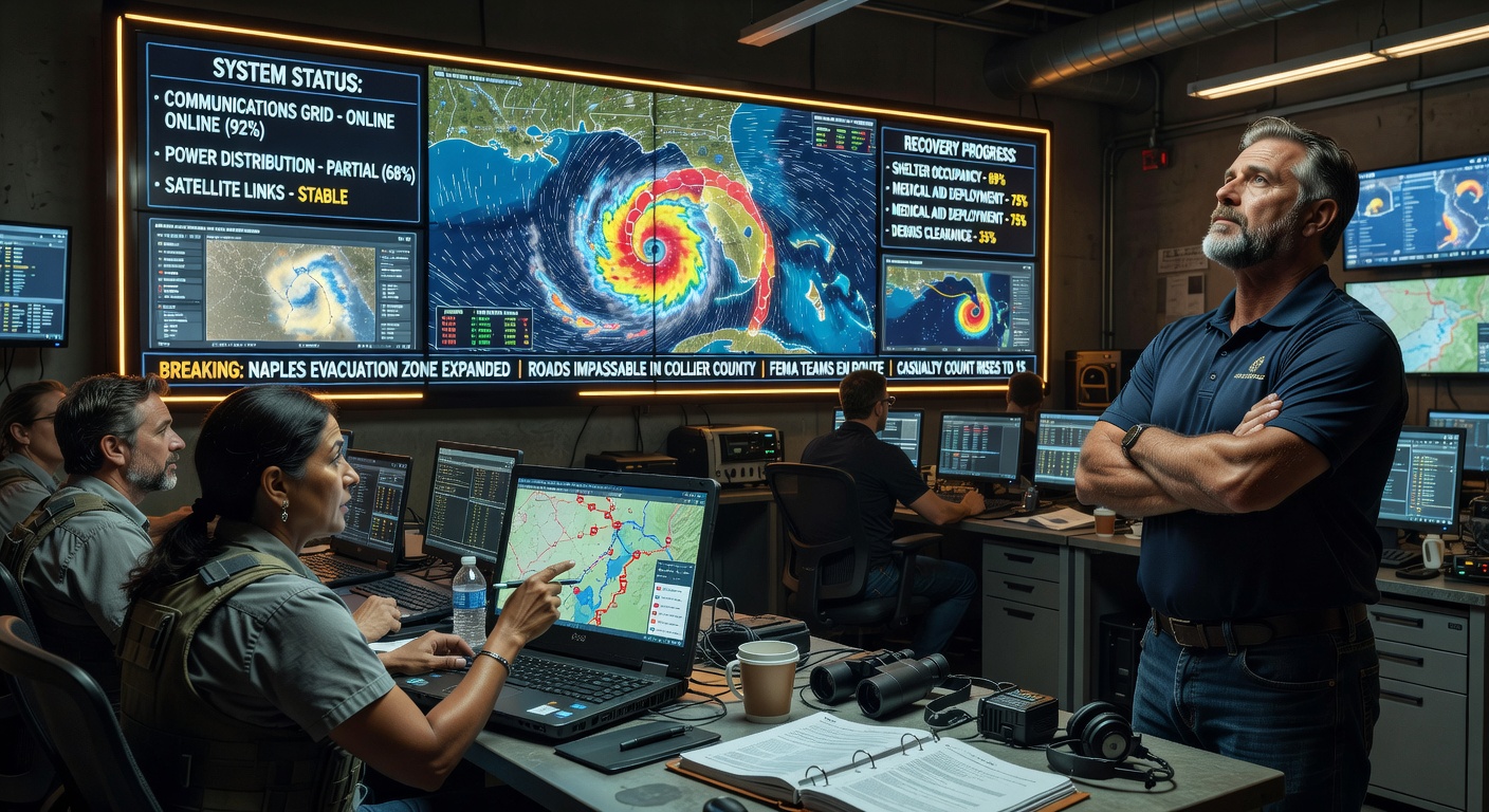 Emergency disaster recovery operations center in Naples Florida during hurricane with multiple screens showing system status and recovery metrics, tense professional atmosphere, 8K