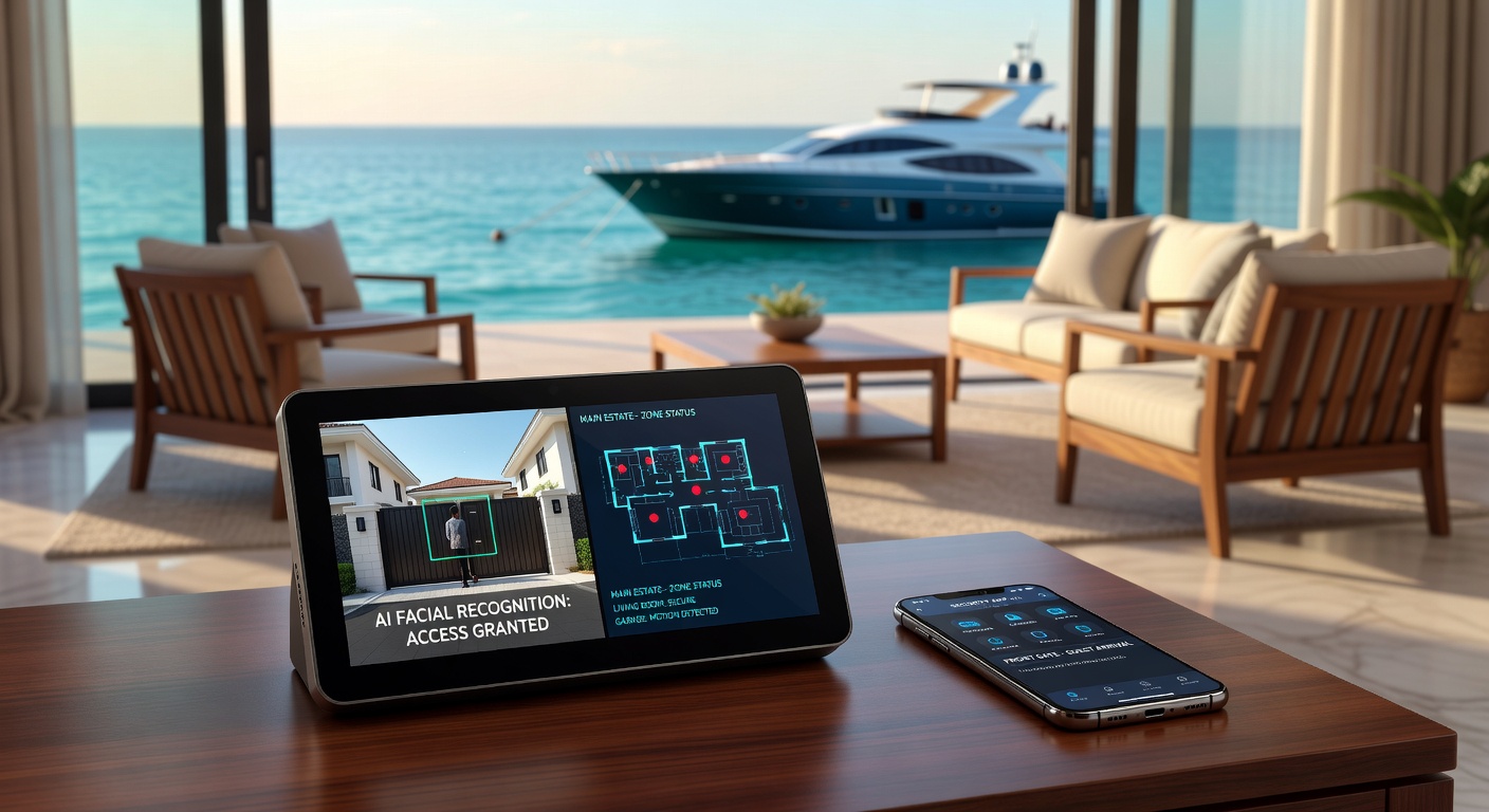 Professional 8K photograph of a smart home security system in an upscale Naples waterfront residence, featuring AI facial recognition, integrated cameras, and mobile device control interfaces