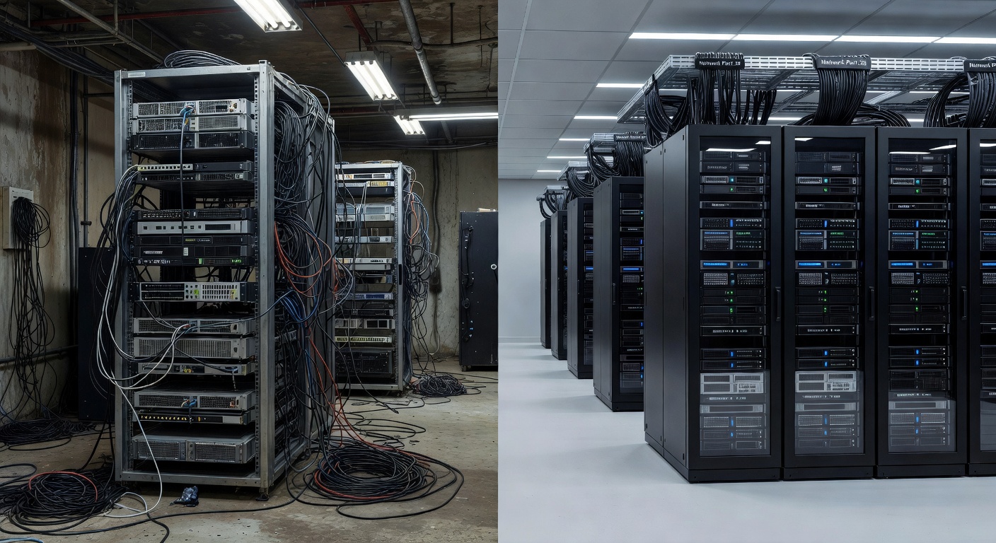 Before and after split image showing chaotic cluttered server room versus clean organized modern data center with proper cable management, ultra-realistic 8K