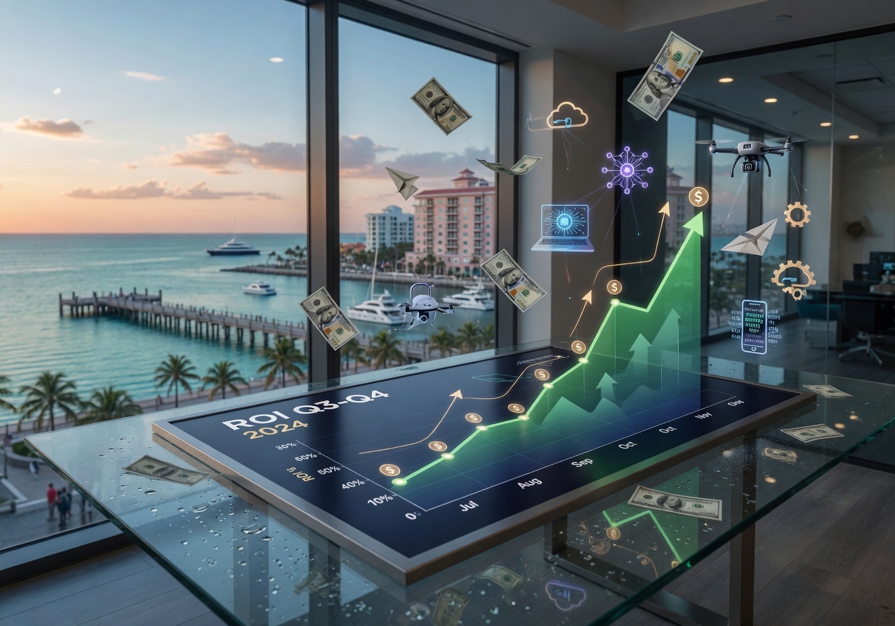 Business ROI graph showing upward trend with dollar bills and technology icons floating, clean professional design, Naples waterfront visible through window, 8K