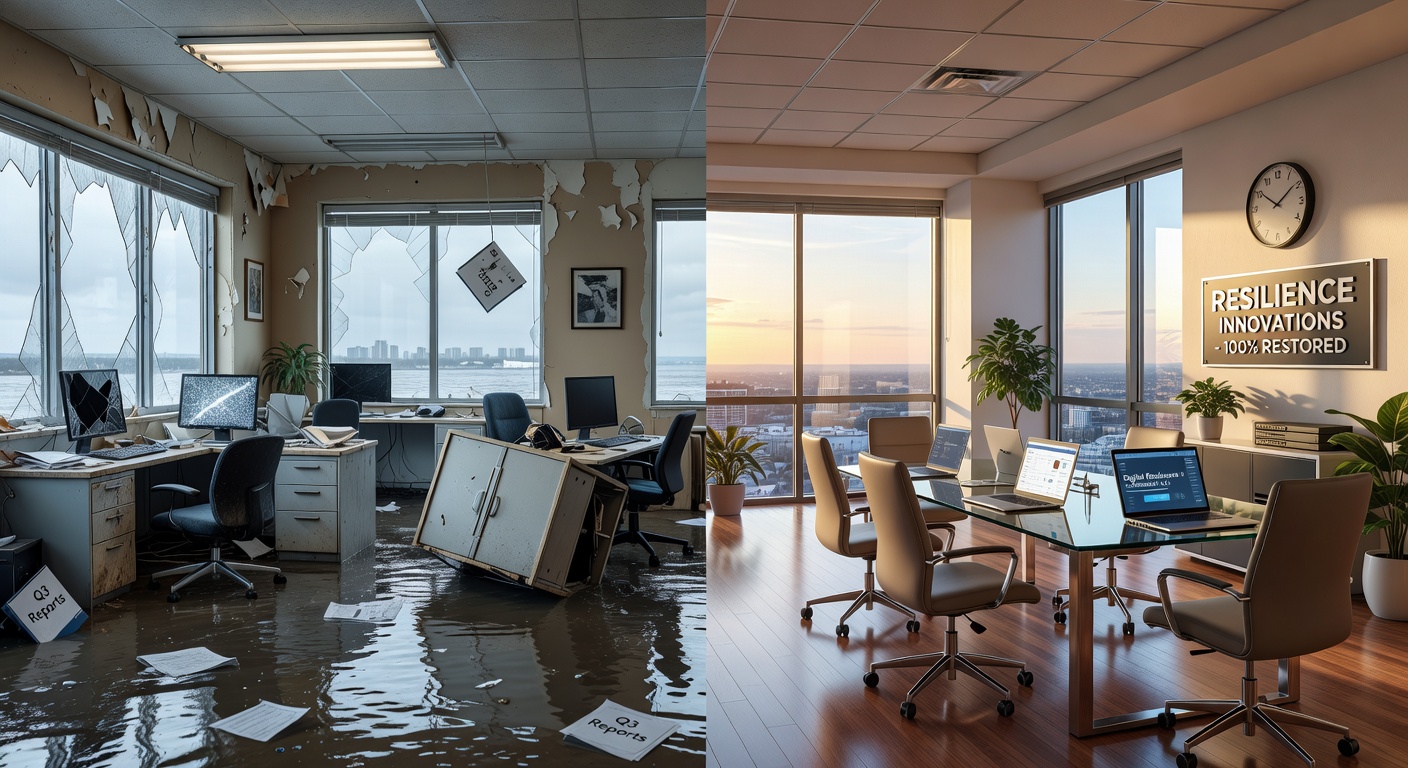 Before and after split image showing destroyed office from hurricane on left and perfectly restored digital workspace on right, dramatic contrast, photorealistic 8K