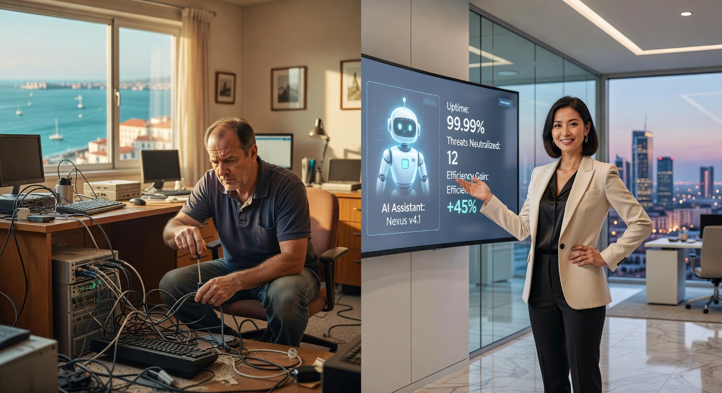 Ultra-realistic 8K image showing comparison between traditional IT support and AI-powered managed services, split screen with Naples business environments on both sides