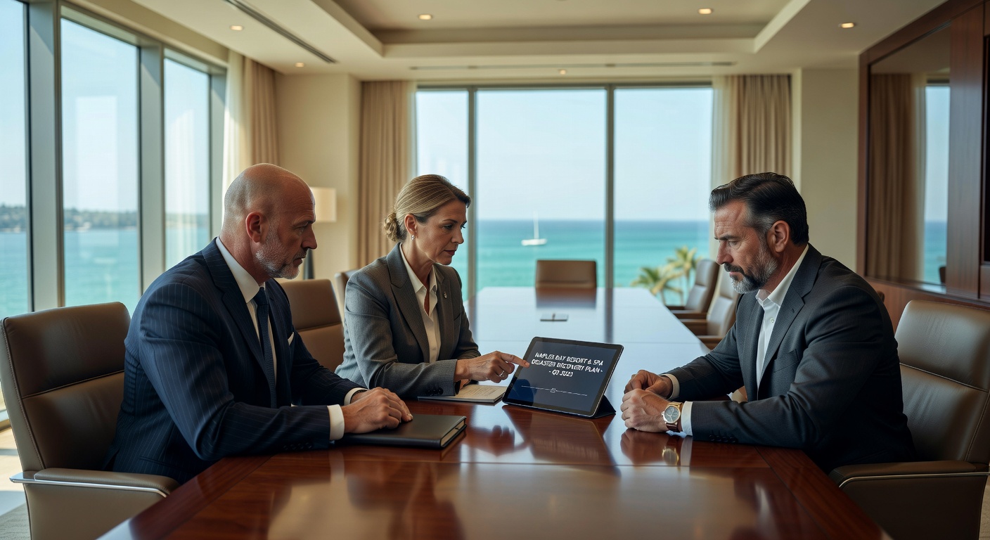 Business continuity planning meeting in upscale Naples boardroom overlooking the bay, executives reviewing disaster recovery strategy on digital tablet, natural light