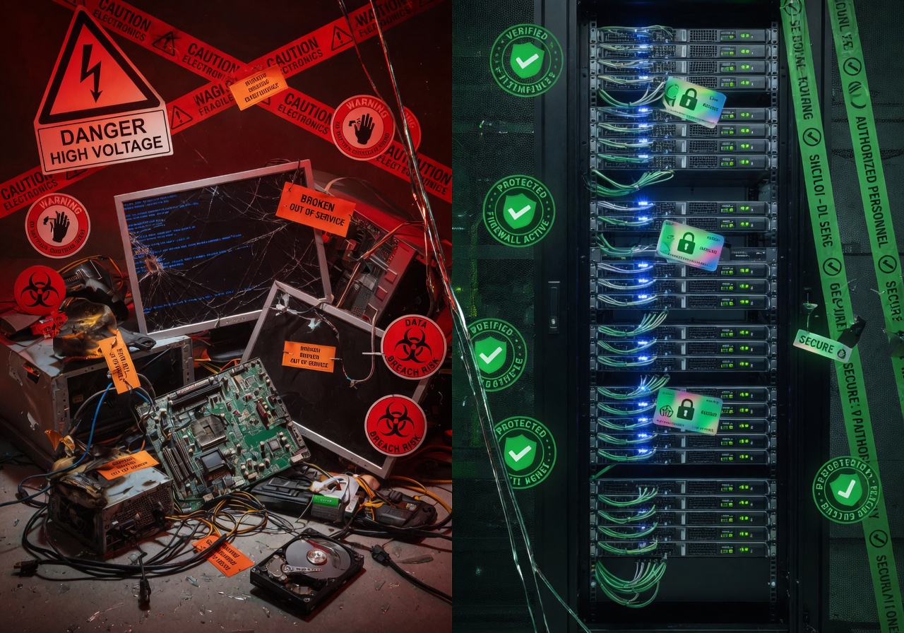 Red warning signs and caution symbols surrounding broken computer equipment versus green checkmarks around protected server rack, split image concept, ultra-realistic
