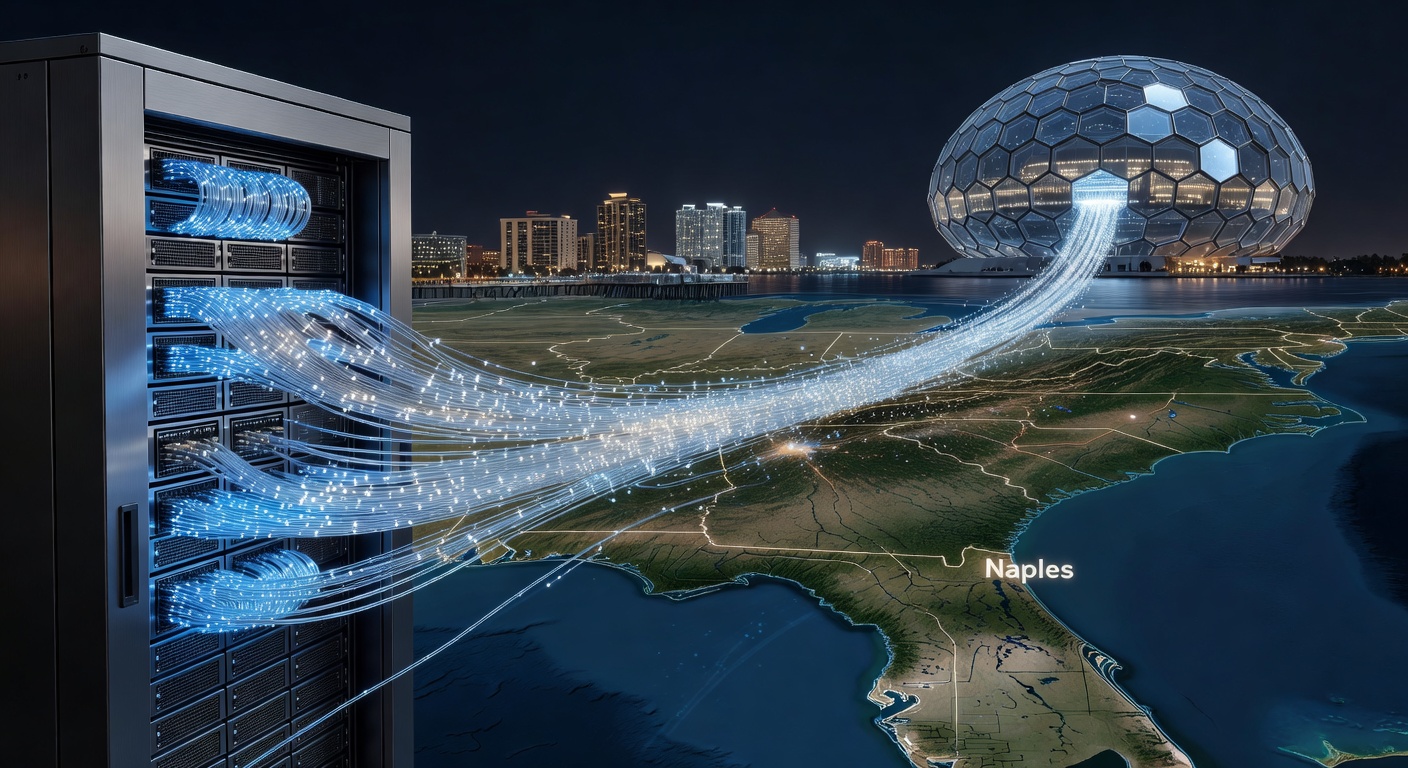 High-speed fiber optic connections with data flowing between local Naples server and secure out-of-state cloud facility, abstract technology visualization, ultra detailed 8K
