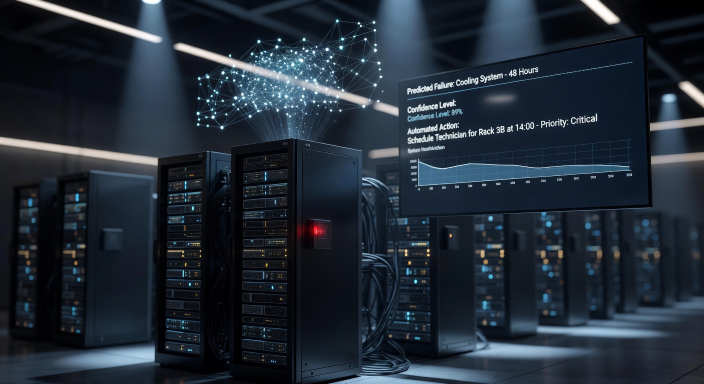 Detailed 8K visualization of machine learning algorithms predicting hardware failures before they occur, with warning indicators and automated maintenance scheduling in a server room
