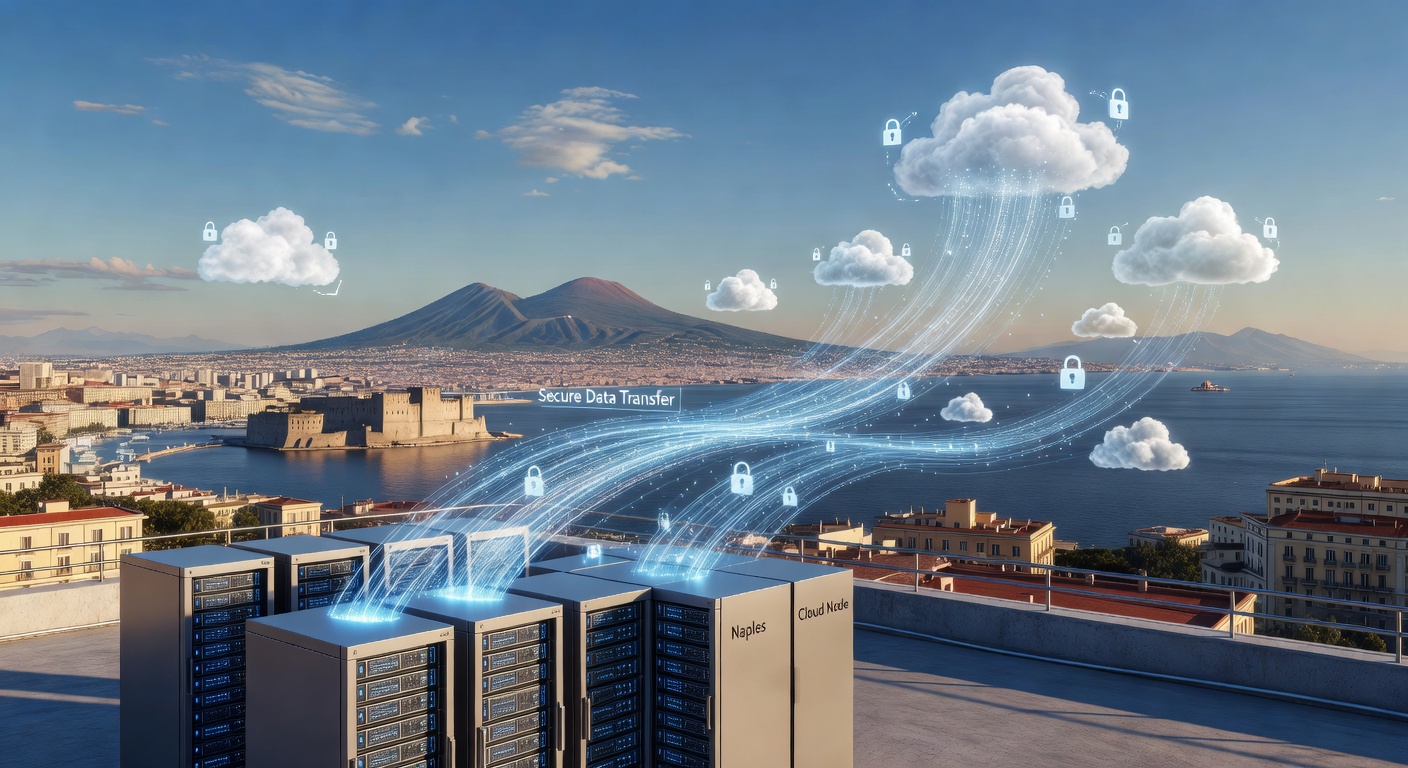 Secure cloud computing visualization with Naples skyline in background, data flowing safely between local servers and cloud icons, blue and white color palette
