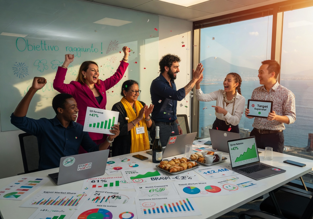 Happy diverse Naples business team celebrating in modern conference room with laptops and charts showing success metrics, natural light, photorealistic 8K